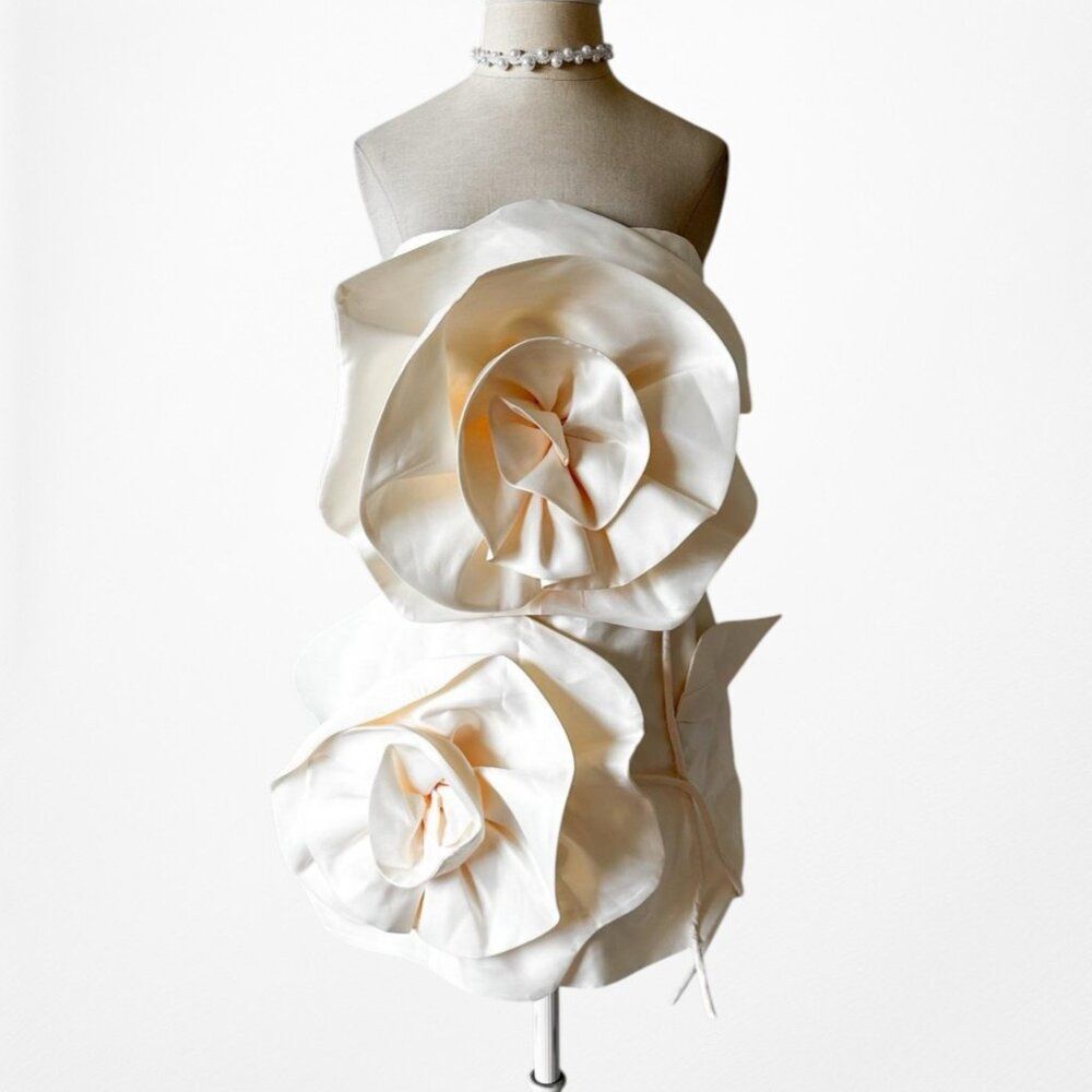 Off White Cream Strapless Floral Applique Bodycon Mini Cocktail Dress Size S/M - Picture 4 of 9